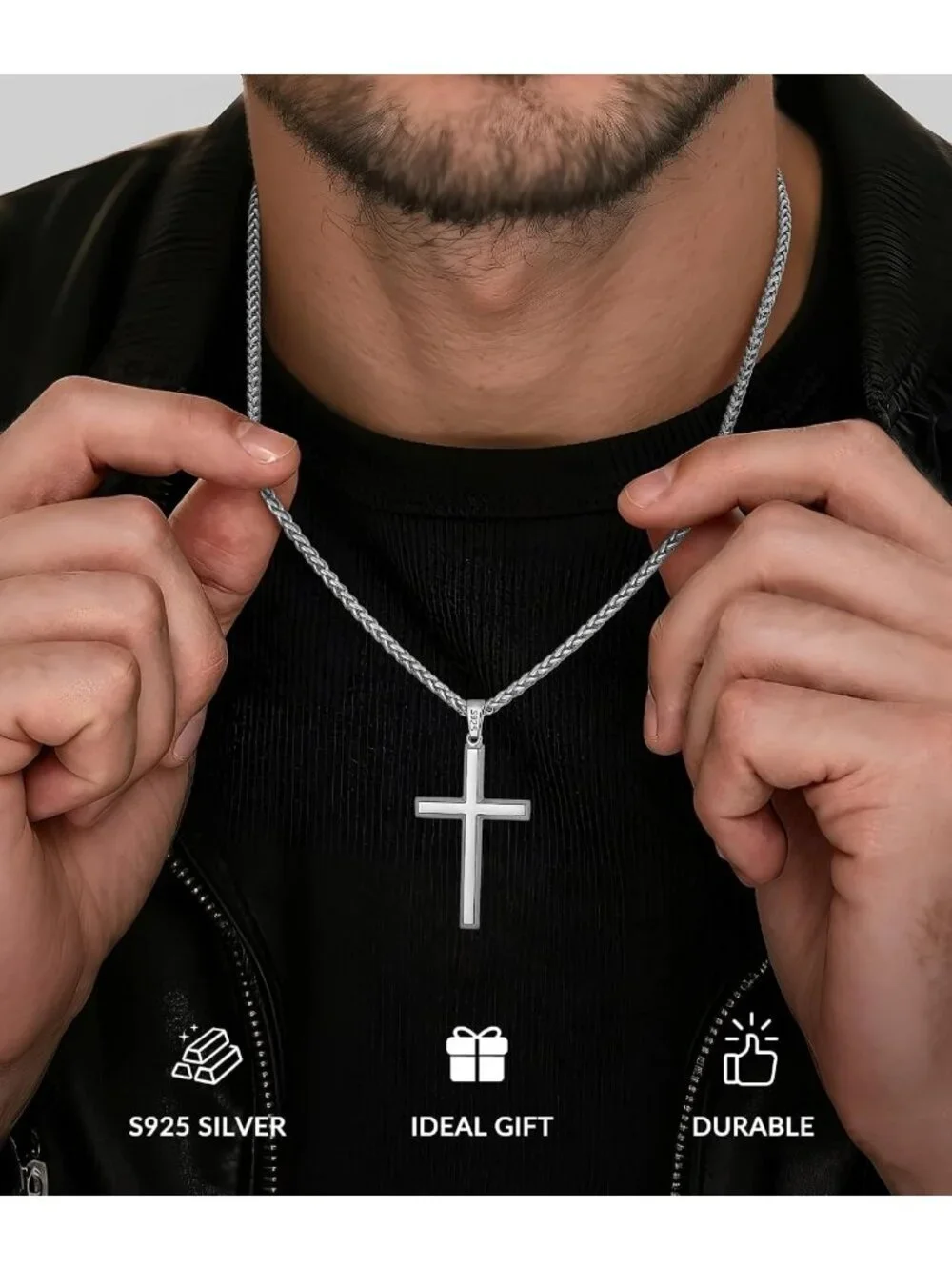 Men's 925 Sterling Silver Cross Necklace, Gold Plated with Wheat Chain, Gift